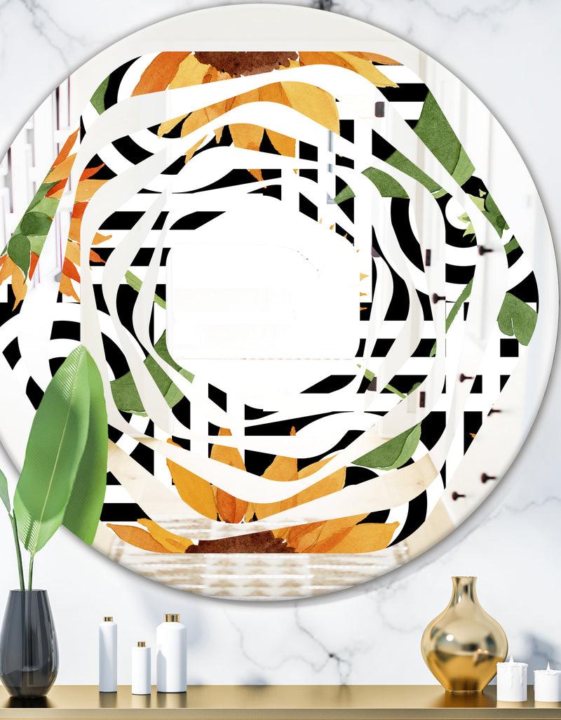 DesignQ Retro Floral Botanical II - Modern Round or Oval Wall Mirror - Whirl