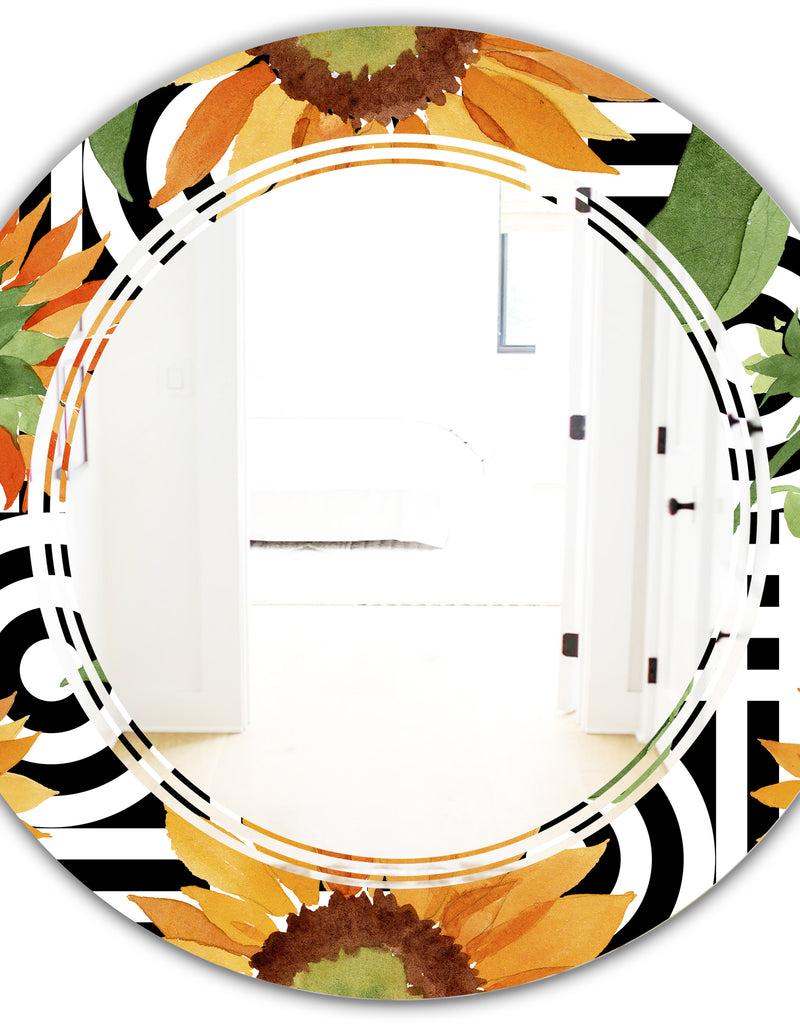 DesignQ Retro Floral Botanical II - Modern Round Or Oval Wall Mirror - Triple C