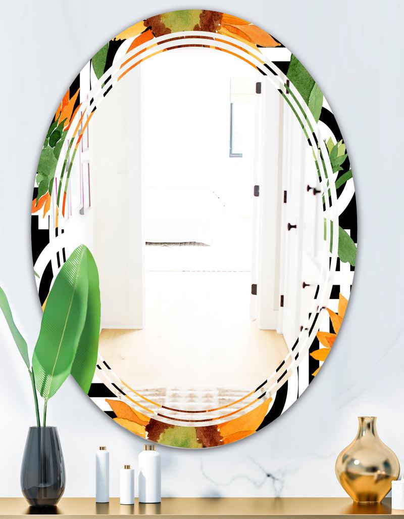 DesignQ Retro Floral Botanical II - Modern Round Or Oval Wall Mirror - Triple C
