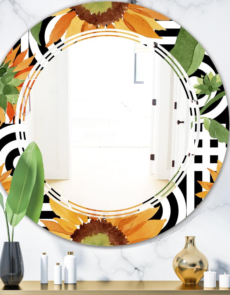 DesignQ Retro Floral Botanical II - Modern Round or Oval Wall Mirror - Triple C