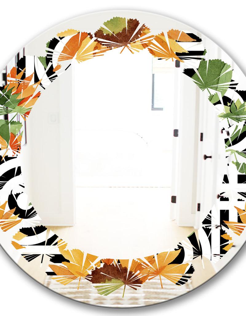 DesignQ Retro Floral Botanical II - Modern Round Or Oval Wall Mirror - Leaves