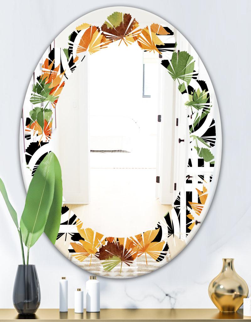 DesignQ Retro Floral Botanical II - Modern Round Or Oval Wall Mirror - Leaves
