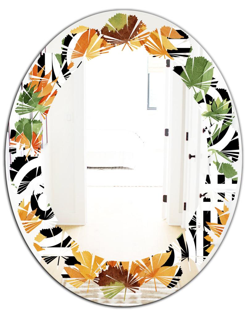 DesignQ Retro Floral Botanical II - Modern Round Or Oval Wall Mirror - Leaves