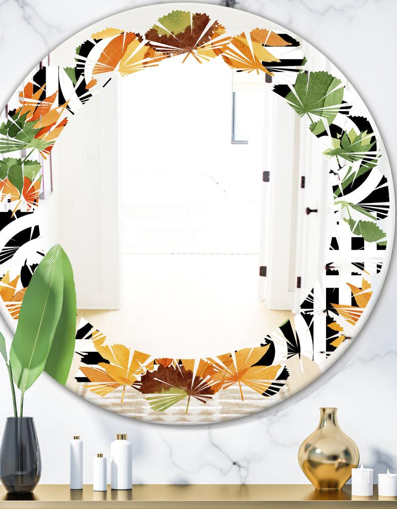 DesignQ Retro Floral Botanical II - Modern Round or Oval Wall Mirror - Leaves