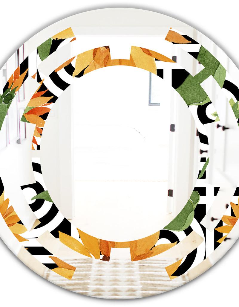 DesignQ Retro Floral Botanical II - Modern Round Or Oval Wall Mirror - Space