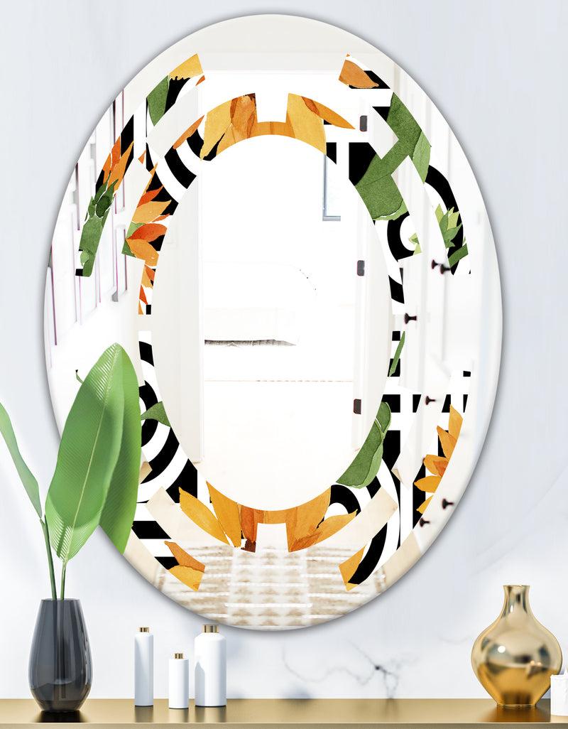 DesignQ Retro Floral Botanical II - Modern Round Or Oval Wall Mirror - Space