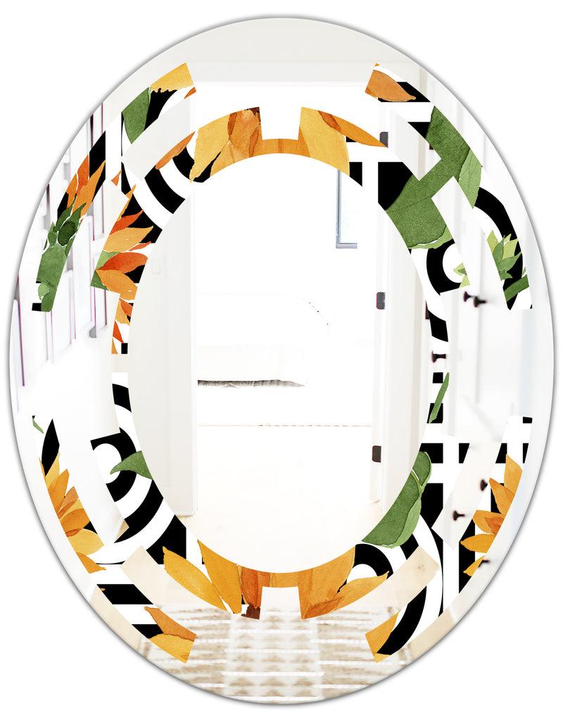 DesignQ Retro Floral Botanical II - Modern Round Or Oval Wall Mirror - Space