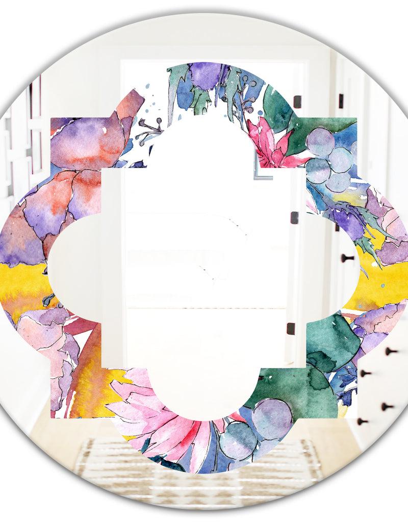 DesignQ Retro Floral Botanical V - Cottage Round Or Oval Wall Mirror - Quatrefoil