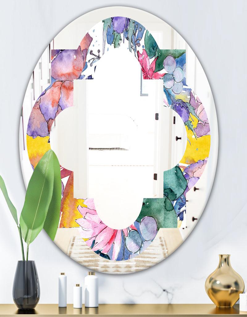 DesignQ Retro Floral Botanical V - Cottage Round Or Oval Wall Mirror - Quatrefoil