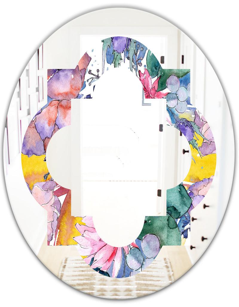 DesignQ Retro Floral Botanical V - Cottage Round Or Oval Wall Mirror - Quatrefoil