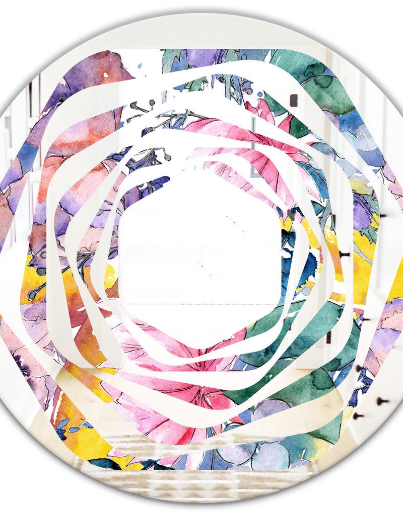 DesignQ Retro Floral Botanical V - Cottage Round Or Oval Wall Mirror - Whirl