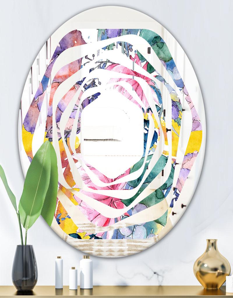 DesignQ Retro Floral Botanical V - Cottage Round Or Oval Wall Mirror - Whirl
