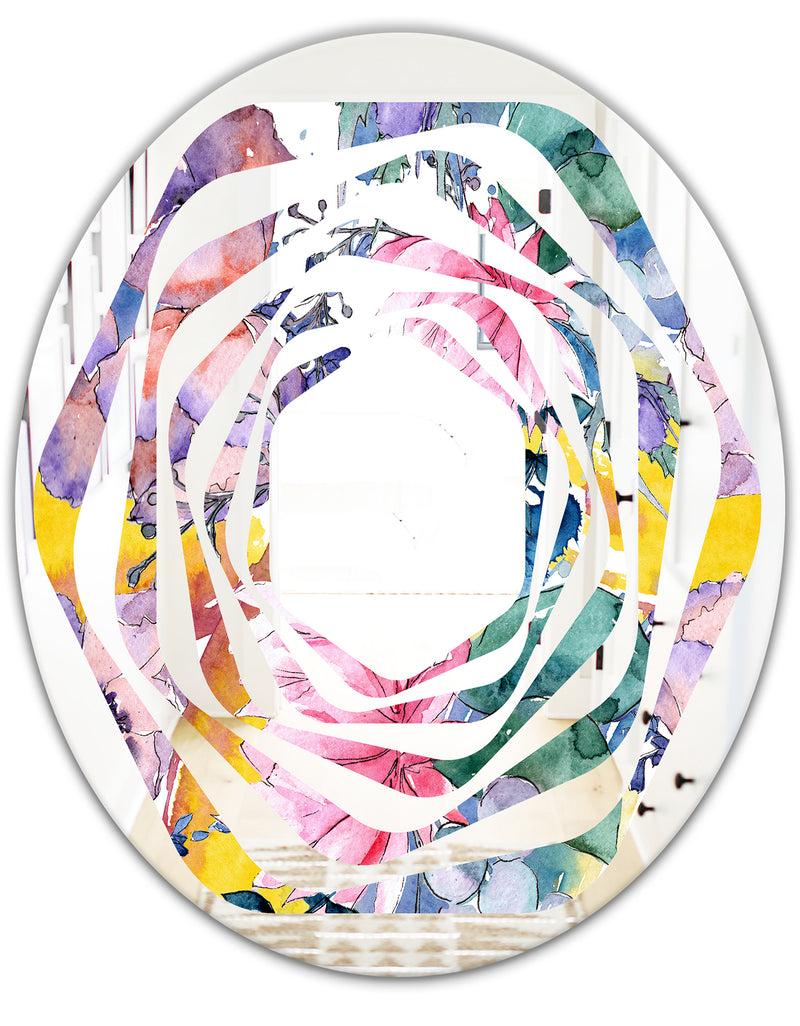 DesignQ Retro Floral Botanical V - Cottage Round Or Oval Wall Mirror - Whirl