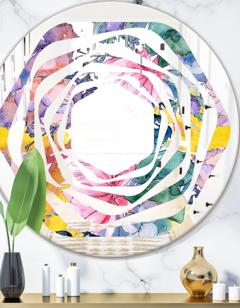 DesignQ Retro Floral Botanical V - Cottage Round or Oval Wall Mirror - Whirl
