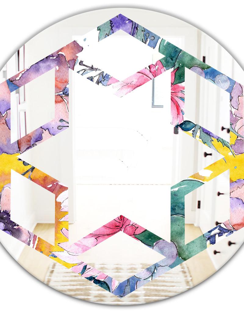 DesignQ Retro Floral Botanical V - Cottage Round Or Oval Wall Mirror - Hexagon Star