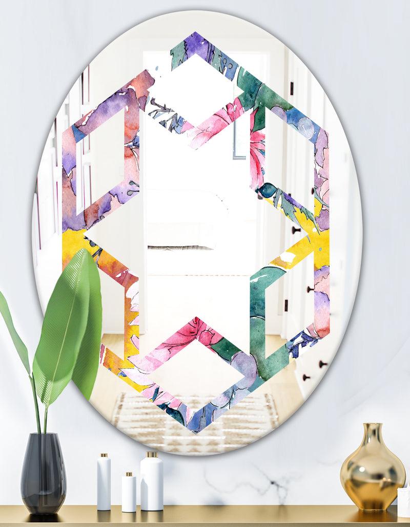 DesignQ Retro Floral Botanical V - Cottage Round Or Oval Wall Mirror - Hexagon Star