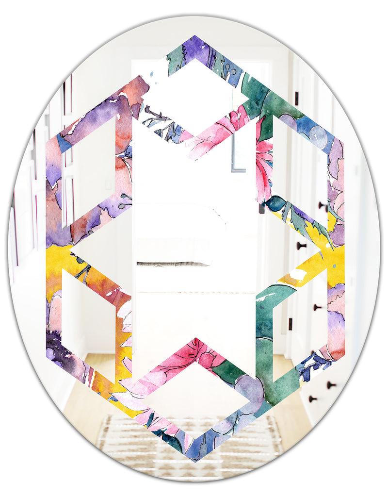 DesignQ Retro Floral Botanical V - Cottage Round Or Oval Wall Mirror - Hexagon Star