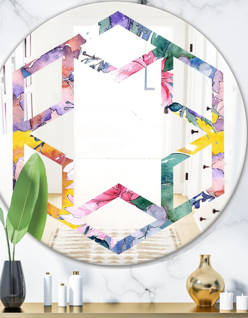 DesignQ Retro Floral Botanical V - Cottage Round or Oval Wall Mirror - Hexagon Star