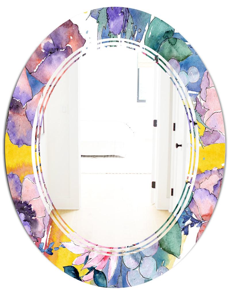 DesignQ Retro Floral Botanical V - Cottage Round Or Oval Wall Mirror - Triple C