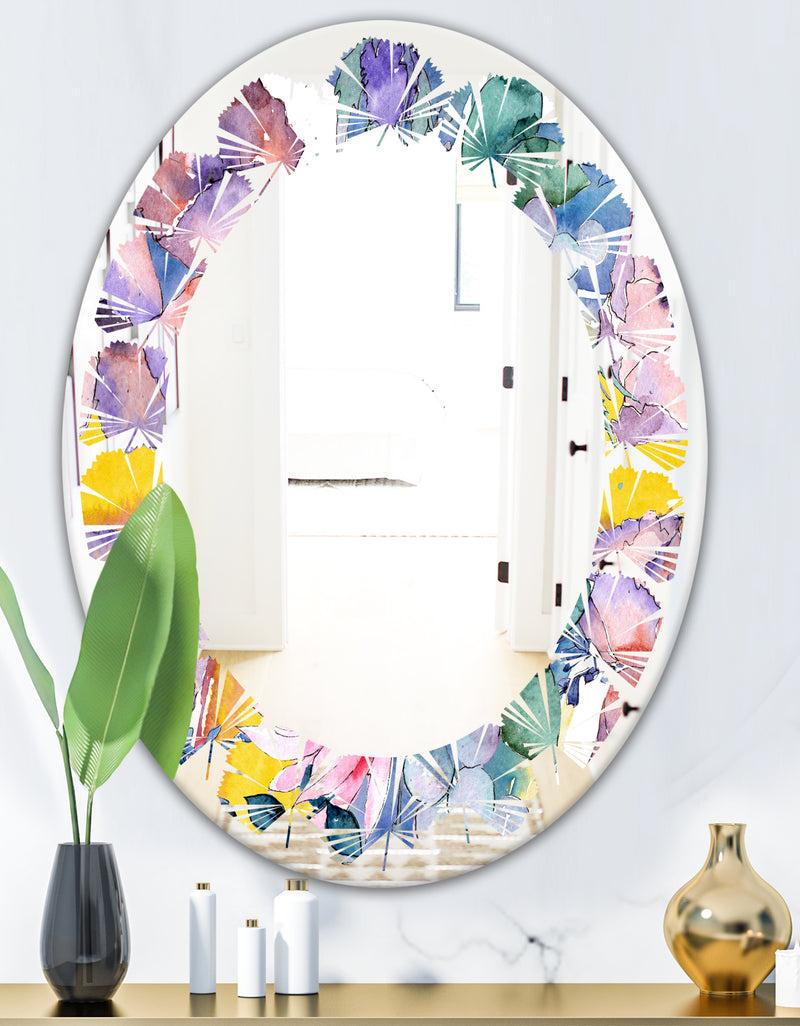 DesignQ Retro Floral Botanical V - Cottage Round Or Oval Wall Mirror - Leaves