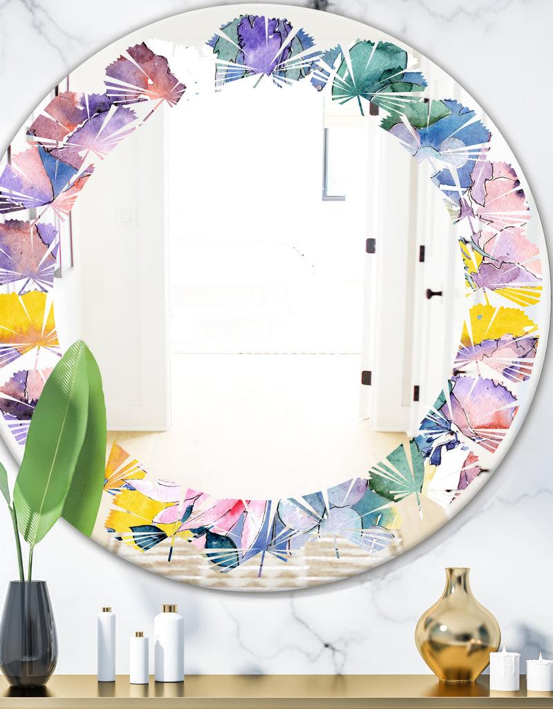 DesignQ Retro Floral Botanical V - Cottage Round or Oval Wall Mirror - Leaves