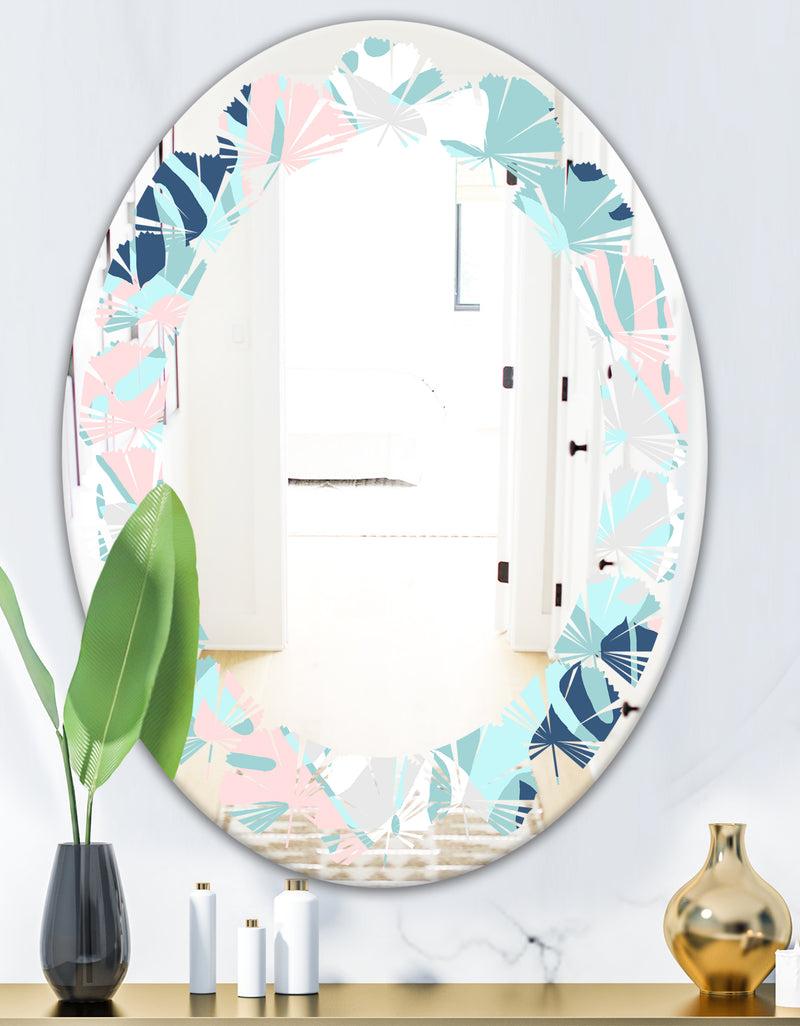 DesignQ Retro Floral Pattern II - Modern Round Or Oval Wall Mirror - Leaves