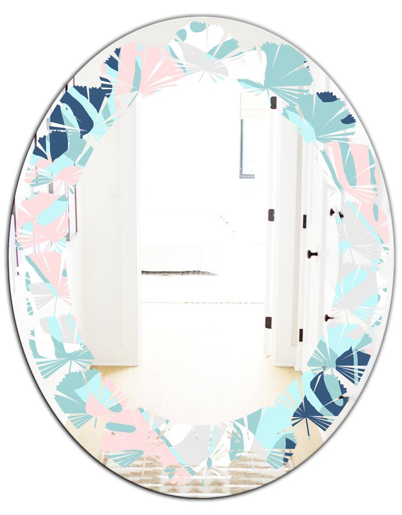 DesignQ Retro Floral Pattern II - Modern Round Or Oval Wall Mirror - Leaves