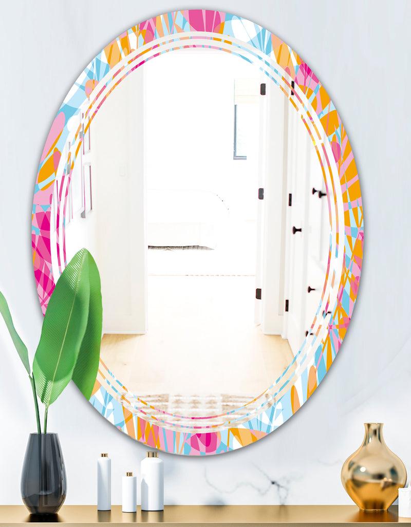 DesignQ Retro Floral Pattern III - Modern Round Or Oval Wall Mirror - Triple C