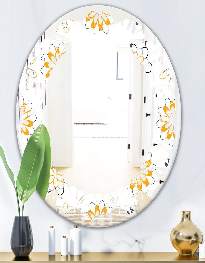 DesignQ Retro Floral Pattern VIII - Modern Round Or Oval Wall Mirror - Leaves