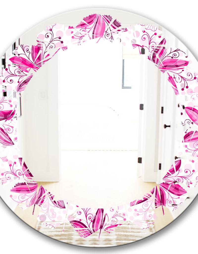 DesignQ Retro Floral Pattern XII - Modern Round Or Oval Wall Mirror - Leaves