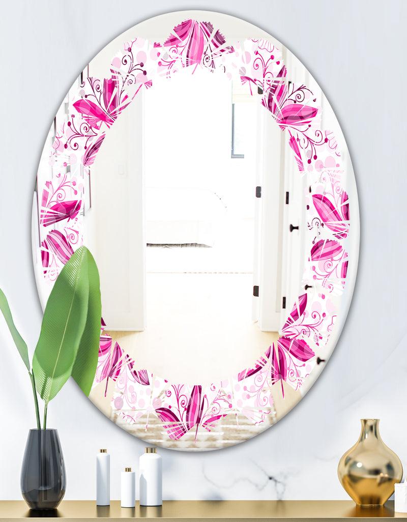 DesignQ Retro Floral Pattern XII - Modern Round Or Oval Wall Mirror - Leaves