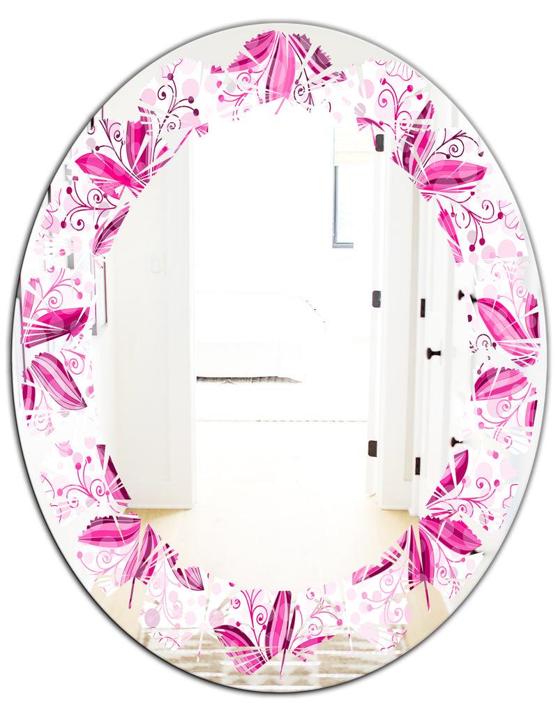 DesignQ Retro Floral Pattern XII - Modern Round Or Oval Wall Mirror - Leaves