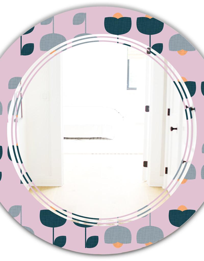 DesignQ Retro Floral Pattern XIII - Modern Round Or Oval Wall Mirror - Triple C