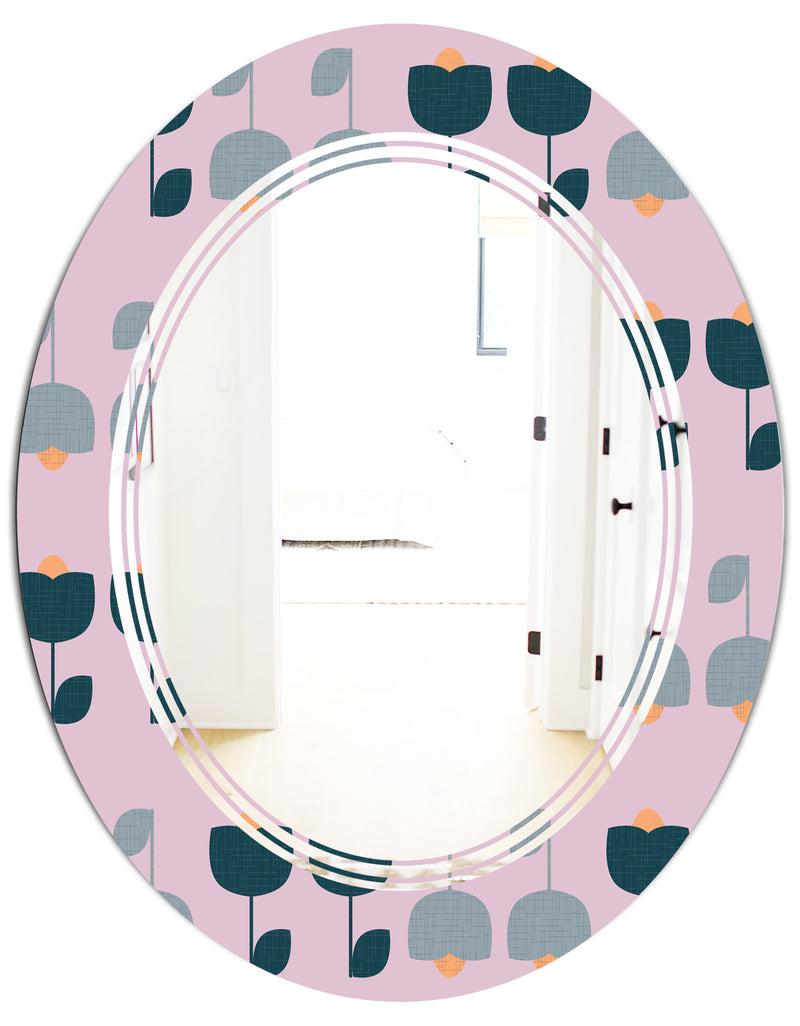 DesignQ Retro Floral Pattern XIII - Modern Round Or Oval Wall Mirror - Triple C