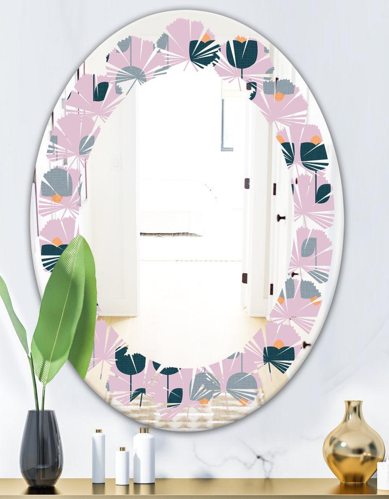 DesignQ Retro Floral Pattern XIII - Modern Round Or Oval Wall Mirror - Leaves