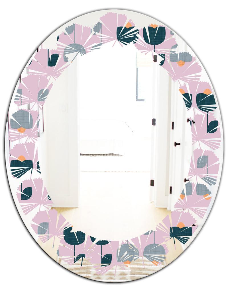DesignQ Retro Floral Pattern XIII - Modern Round Or Oval Wall Mirror - Leaves