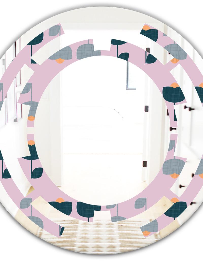 DesignQ Retro Floral Pattern XIII - Modern Round Or Oval Wall Mirror - Space