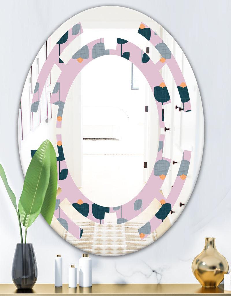DesignQ Retro Floral Pattern XIII - Modern Round Or Oval Wall Mirror - Space