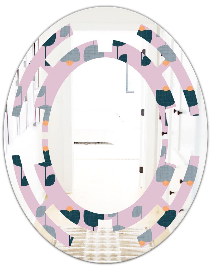 DesignQ Retro Floral Pattern XIII - Modern Round Or Oval Wall Mirror - Space