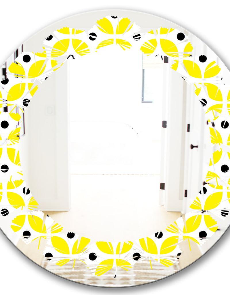 DesignQ Retro Geometric Design I - Modern Round Or Oval Wall Mirror - Leaves
