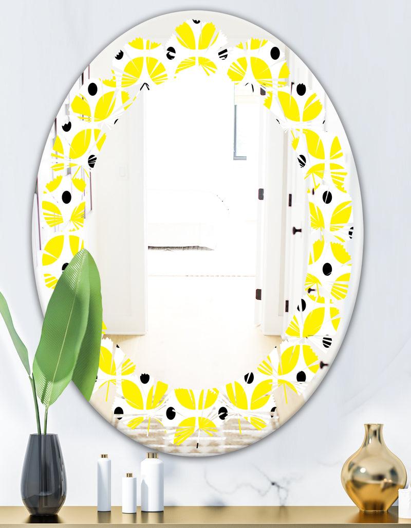 DesignQ Retro Geometric Design I - Modern Round Or Oval Wall Mirror - Leaves