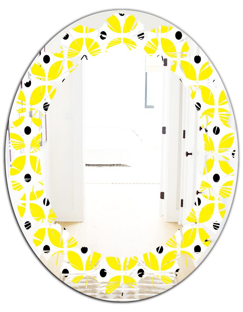 DesignQ Retro Geometric Design I - Modern Round Or Oval Wall Mirror - Leaves