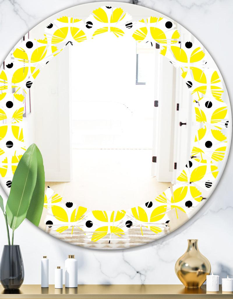 DesignQ Retro Geometric Design I - Modern Round or Oval Wall Mirror - Leaves