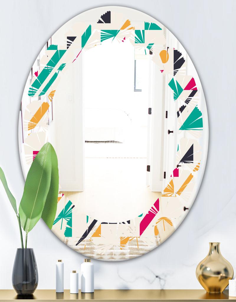 DesignQ Retro Geometric Design III - Modern Round Or Oval Wall Mirror - Leaves
