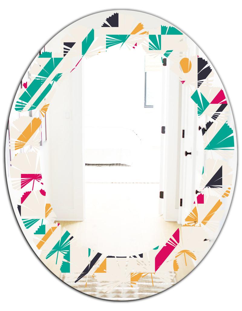 DesignQ Retro Geometric Design III - Modern Round Or Oval Wall Mirror - Leaves
