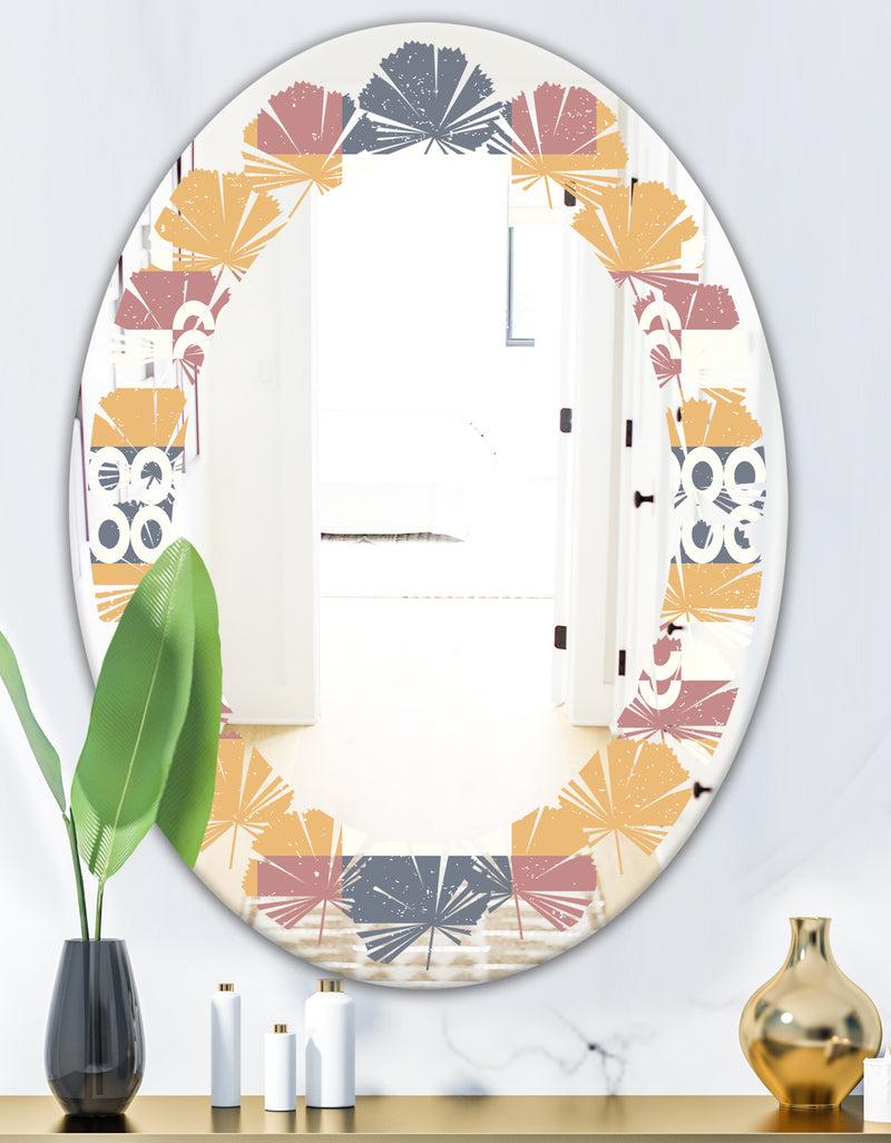 DesignQ Retro Geometric Design VI - Modern Round Or Oval Wall Mirror - Leaves