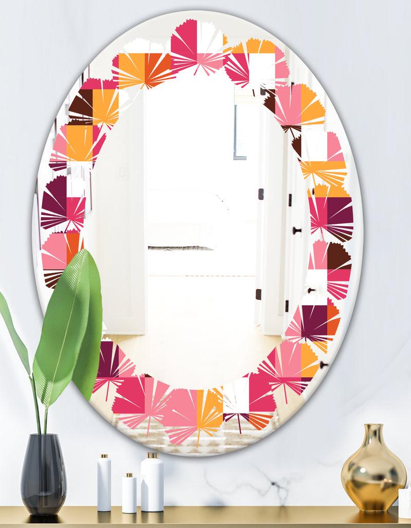 DesignQ Retro Geometric Design VII - Modern Round Or Oval Wall Mirror - Leaves