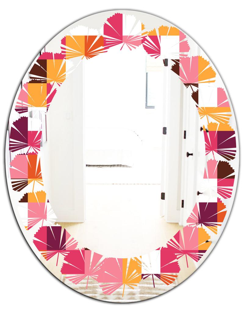 DesignQ Retro Geometric Design VII - Modern Round Or Oval Wall Mirror - Leaves