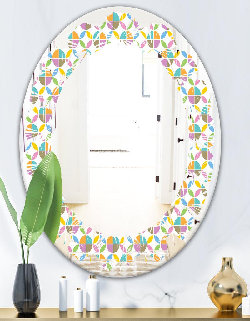DesignQ Retro Geometric Design VIII - Modern Round Or Oval Wall Mirror - Leaves