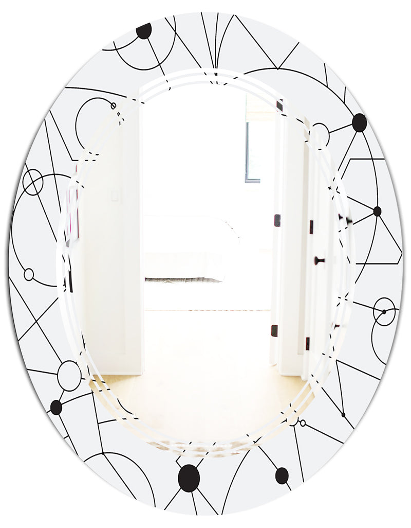 DesignQ Retro Geometric Grid III - Modern Round Or Oval Wall Mirror - Triple C